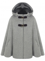 Women's Winter Wool Blend Hooded Pockets Cape Cloak Coat