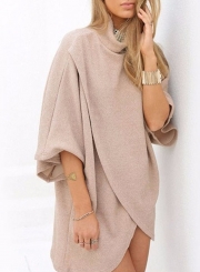 Fashion High Neck 3/4 Batwing Sleeve Loose Fit Asymmetrical Top