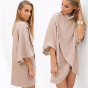 Fashion High Neck 3/4 Batwing Sleeve Loose Fit Asymmetrical Top