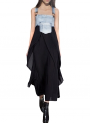 Women's Square Neck Summer Denim Chiffon Midi Overalls Dress