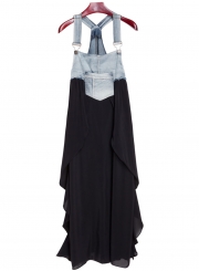 Women's Square Neck Summer Denim Chiffon Midi Overalls Dress