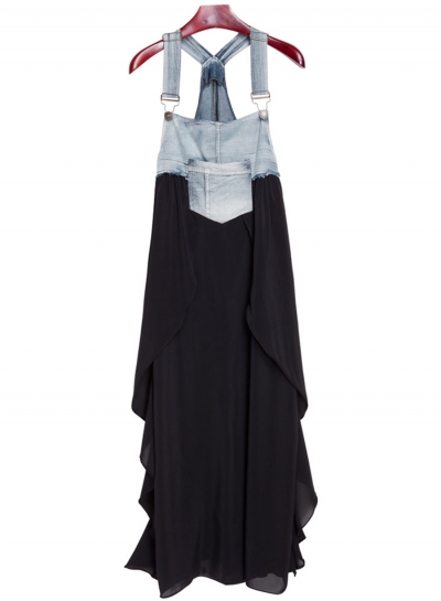 Women's Square Neck Summer Denim Chiffon Midi Overalls Dress