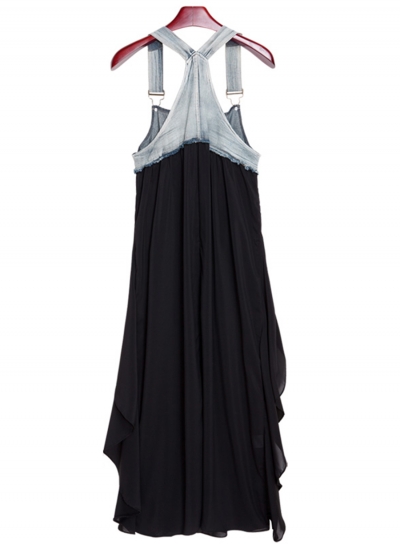 Women's Square Neck Summer Denim Chiffon Midi Overalls Dress stylesimo.com