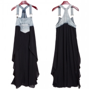 Women's Square Neck Summer Denim Chiffon Midi Overalls Dress