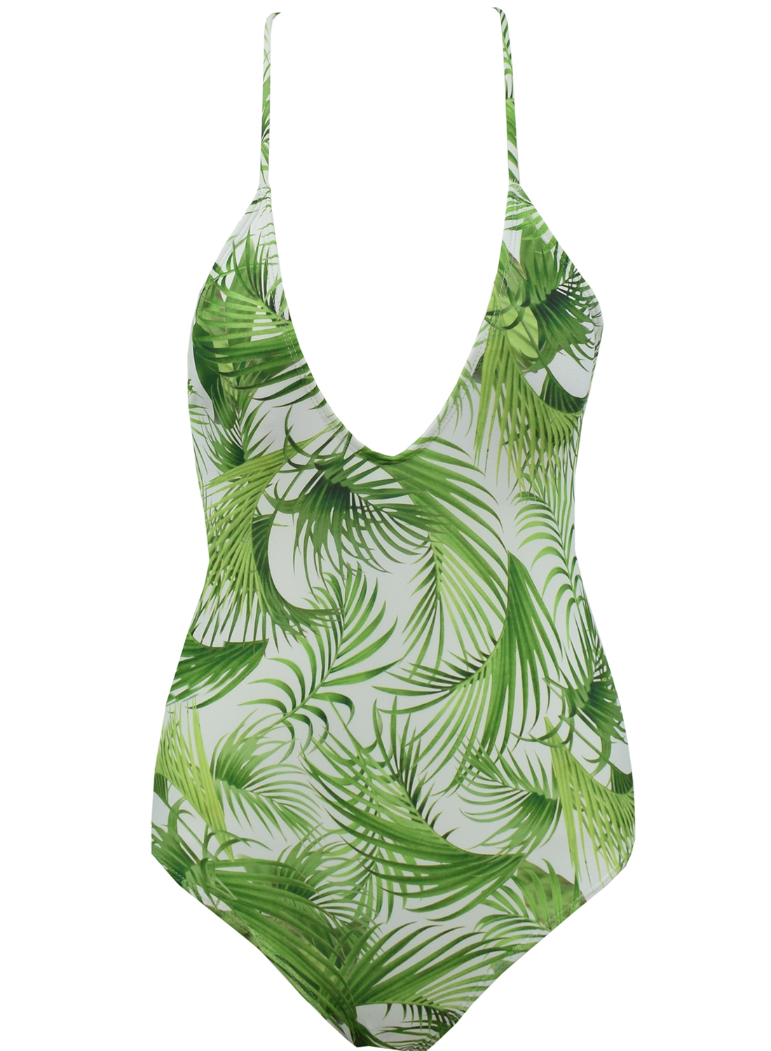 Slim One Piece Deep V Neck Tropical Palm Leaves Pattern Print