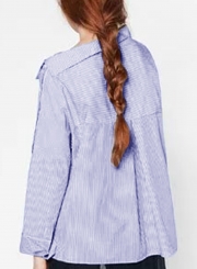 Off Shoulder Long Sleeve Slash Neck Side Buttons Striped Blouse Pullover