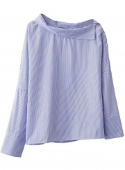 Off Shoulder Long Sleeve Slash Neck Side Buttons Striped Blouse Pullover