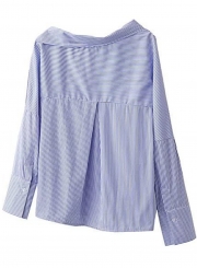 Off Shoulder Long Sleeve Slash Neck Side Buttons Striped Blouse Pullover