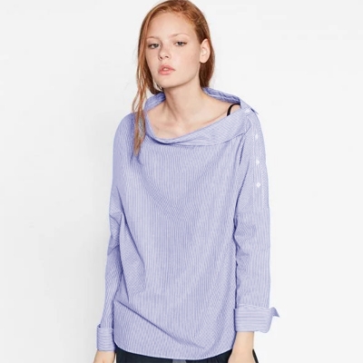 Off Shoulder Long Sleeve Slash Neck Side Buttons Striped Blouse Pullover stylesimo.com