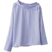 Off Shoulder Long Sleeve Slash Neck Side Buttons Striped Blouse Pullover