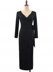V Neck Long Sleeve Tie Waist Bodycon Maxi Dress