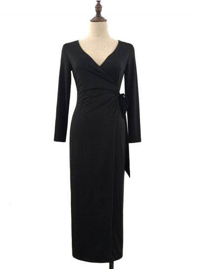 V Neck Long Sleeve Tie Waist Bodycon Maxi Dress YOUYOUFASHIONEC.com