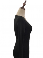 V Neck Long Sleeve Tie Waist Bodycon Maxi Dress
