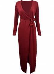 V Neck Long Sleeve Tie Waist Bodycon Maxi Dress