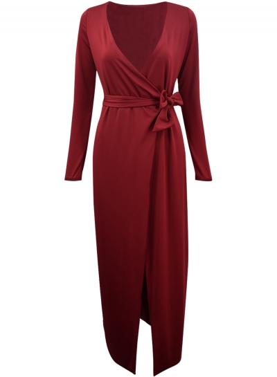 V Neck Long Sleeve Tie Waist Bodycon Maxi Dress