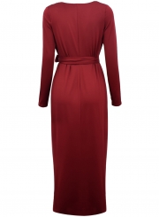V Neck Long Sleeve Tie Waist Bodycon Maxi Dress