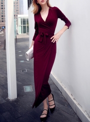 V Neck Long Sleeve Tie Waist Bodycon Maxi Dress