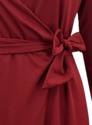 V Neck Long Sleeve Tie Waist Bodycon Maxi Dress