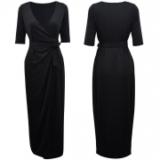 V Neck Long Sleeve Tie Waist Bodycon Maxi Dress