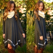 Casual Long Sleeve Asymmetric Hem Stretched Knee Length Knit Dress