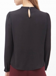 Loose Round Neck Ruffled Front Lantern Long Sleeve Chiffon Blouse