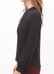Loose Round Neck Ruffled Front Lantern Long Sleeve Chiffon Blouse