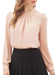 Loose Round Neck Ruffled Front Lantern Long Sleeve Chiffon Blouse