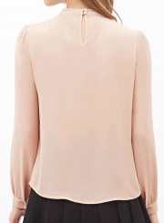 Loose Round Neck Ruffled Front Lantern Long Sleeve Chiffon Blouse
