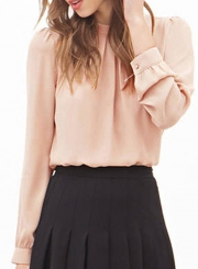 Loose Round Neck Ruffled Front Lantern Long Sleeve Chiffon Blouse