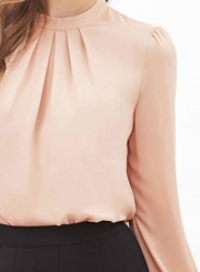 Loose Round Neck Ruffled Front Lantern Long Sleeve Chiffon Blouse