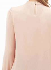Loose Round Neck Ruffled Front Lantern Long Sleeve Chiffon Blouse