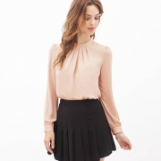 Loose Round Neck Ruffled Front Lantern Long Sleeve Chiffon Blouse