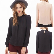 Loose Round Neck Ruffled Front Lantern Long Sleeve Chiffon Blouse