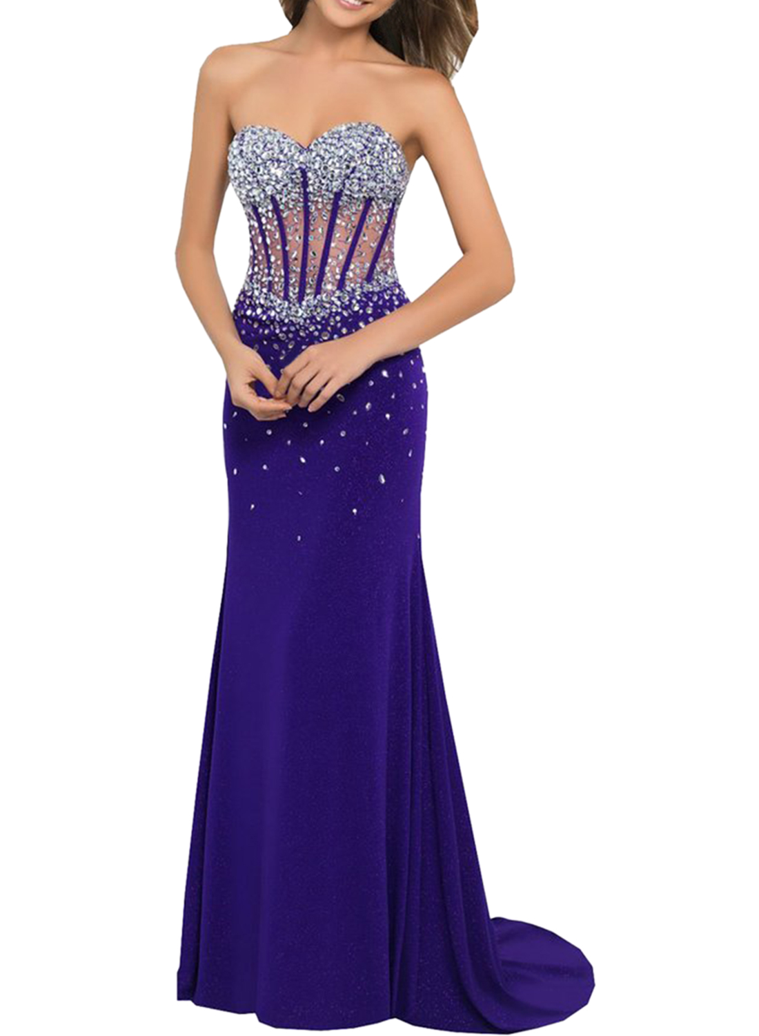 Sleeveless Off the Shoulder Rhinestone Trim Strapless Maxi Prom Dress