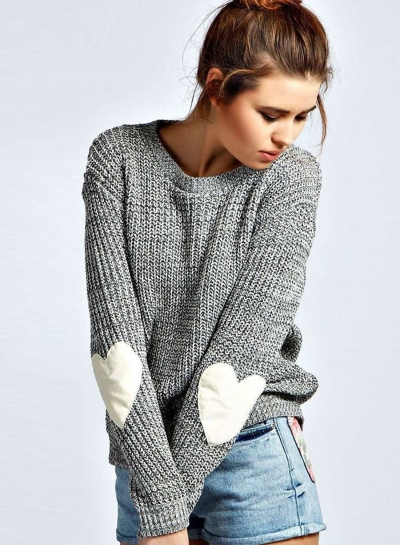 Women's Long Sleeve Beautiful Heathered Heart Patch Pullover Knit Sweater