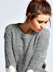 Women's Long Sleeve Beautiful Heathered Heart Patch Pullover Knit Sweater