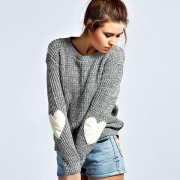 Women's Long Sleeve Beautiful Heathered Heart Patch Pullover Knit Sweater