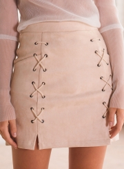 Elegant Zipper Fly Faux Suede Slim Bodycon Lace Up Skirt Going Out Dress