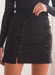 Elegant Zipper Fly Faux Suede Slim Bodycon Lace Up Skirt Going Out Dress
