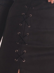 Elegant Zipper Fly Faux Suede Slim Bodycon Lace Up Skirt Going Out Dress