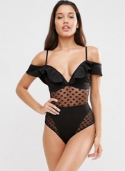 Charming Slim Pattern One Piece Deep V-Neck Polka Dot Swimsuit