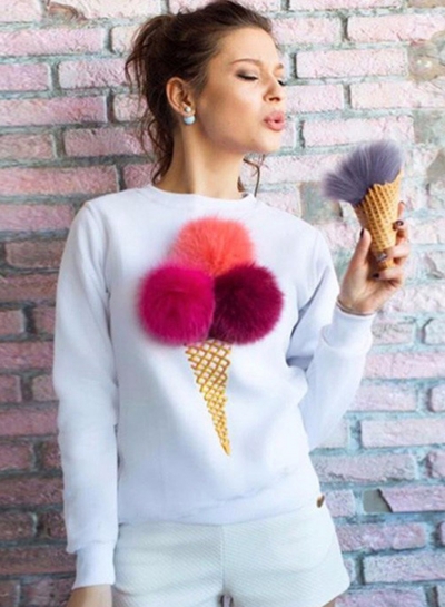 Women's Cute Long Sleeve Ice Cream Graphic Pompon Round Neck Sweatshirt