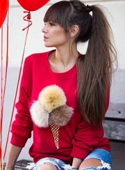 Women's Cute Long Sleeve Ice Cream Graphic Pompon Round Neck Sweatshirt