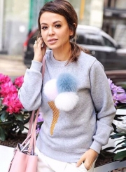 Women's Cute Long Sleeve Ice Cream Graphic Pompon Round Neck Sweatshirt