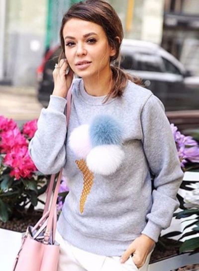 Women's Cute Long Sleeve Ice Cream Graphic Pompon Round Neck Sweatshirt YOUYOUFASHIONEC.com