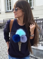 Women's Cute Long Sleeve Ice Cream Graphic Pompon Round Neck Sweatshirt
