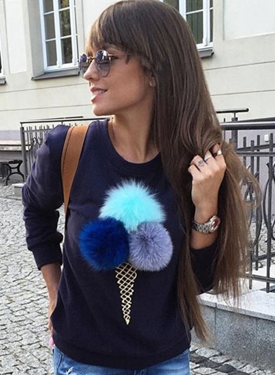 Women's Cute Long Sleeve Ice Cream Graphic Pompon Round Neck Sweatshirt LZDINTECOMMERCE.com