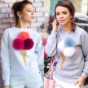Women's Cute Long Sleeve Ice Cream Graphic Pompon Round Neck Sweatshirt