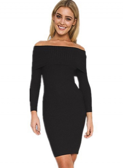 Casual Slash Neck Long Sleeve Mini Bodycon Sweater Day Dress YOUYOUFASHIONEC.com