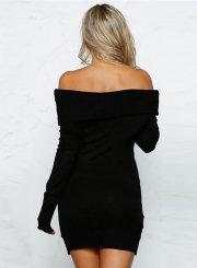 Casual Slash Neck Long Sleeve Mini Bodycon Sweater Day Dress